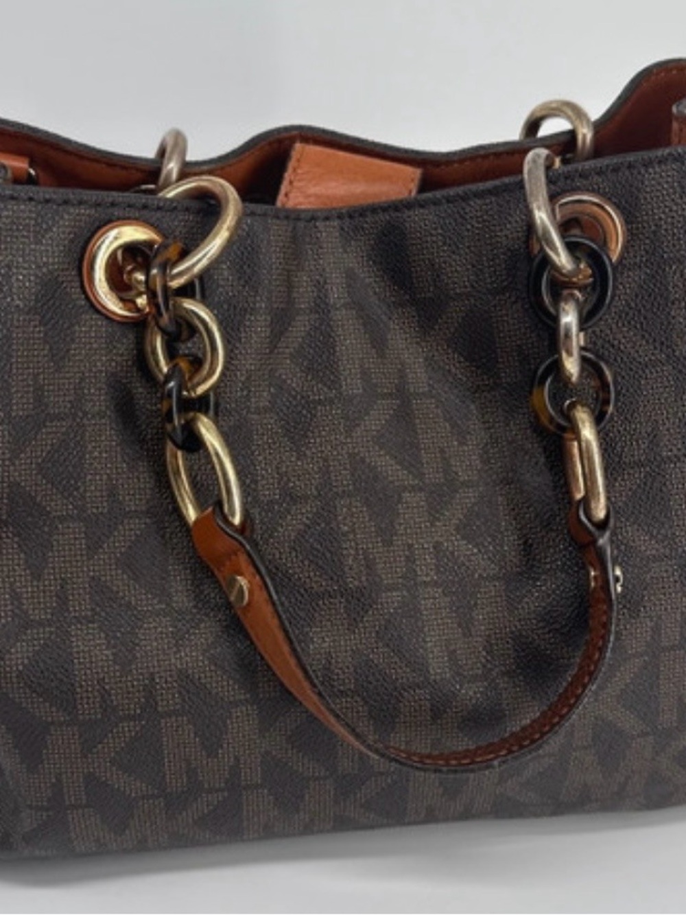 Michael Kors Brown MK Monogram Tote with Chain-Strap Accents